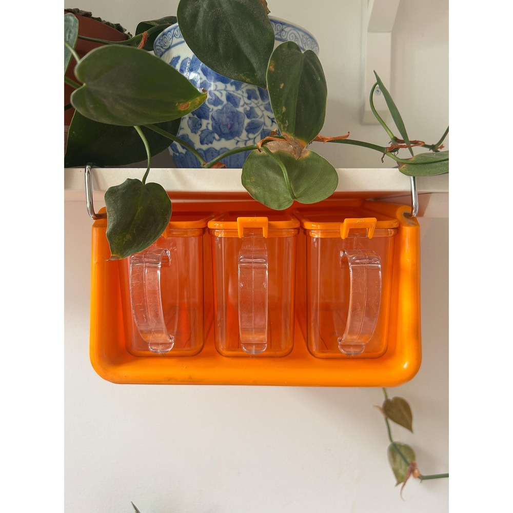 Vintage Orange Hanging Spice Rack - 3 Plastic Storage Canisters with Lids